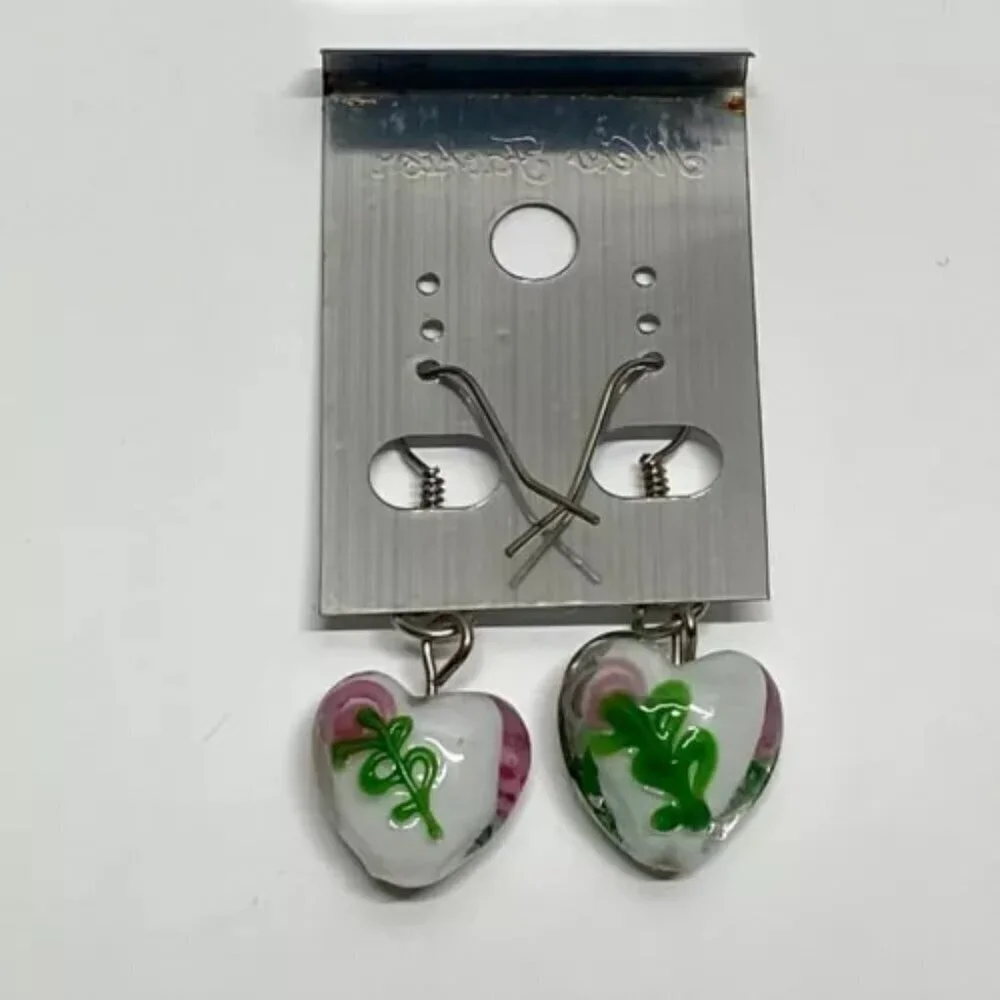 New Fashion Brand Earrings Murano Style White Glass Heart Beads Pink Flowers NWT